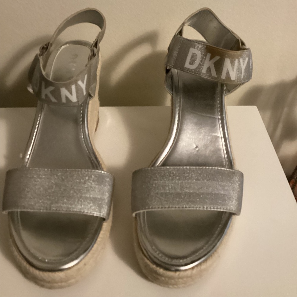 DKNY Silver Metallic Espadrille Wedge Sandals